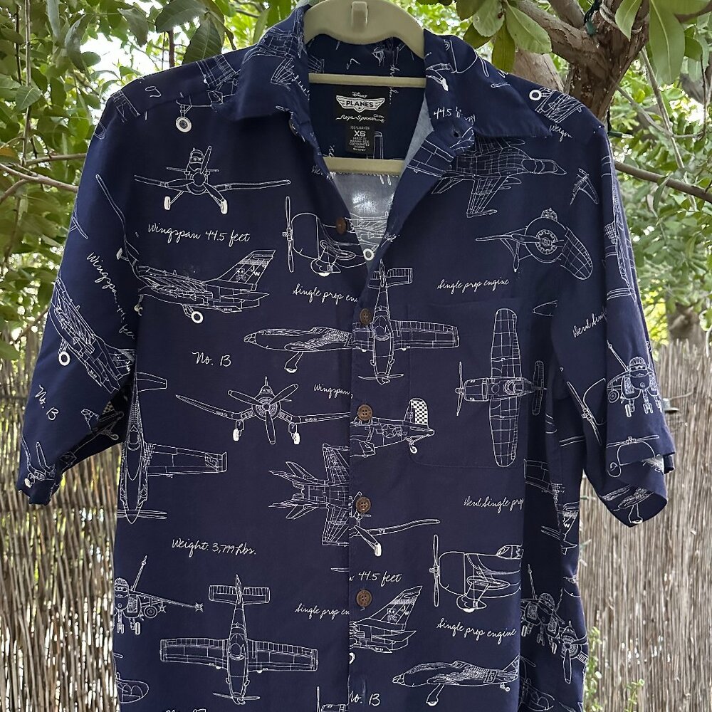 Reyn Spooner Disney Planes Blueprint Hawaiian Shirt XS Made in Hawaii